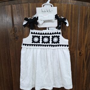 White and Black Crochet Baby Dress with Bow